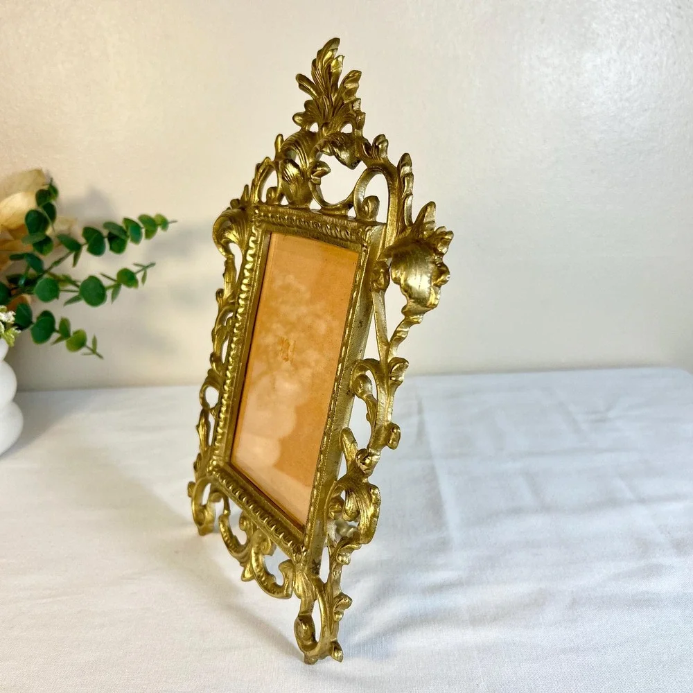 Vintage Rococo Style Heavy Gold Ornate Iron Picture Frame with Glass | 4x6 Photo